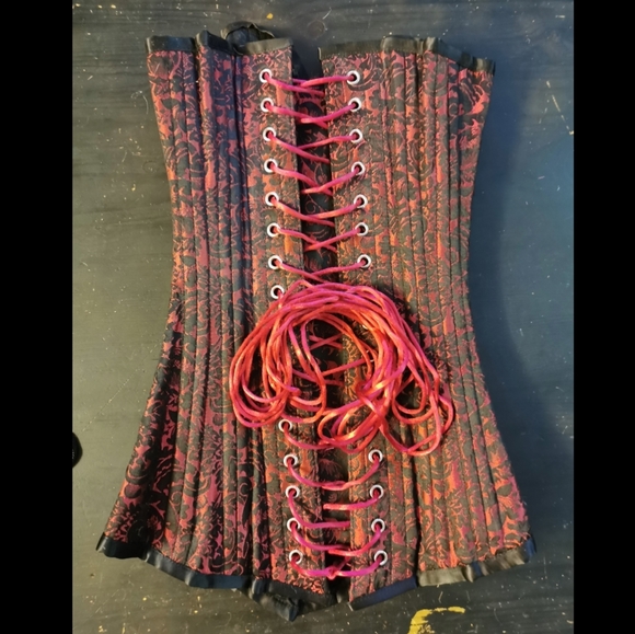 Steel Boned Corset - Red & Black Brocade, Gothic - Picture 4 of 4